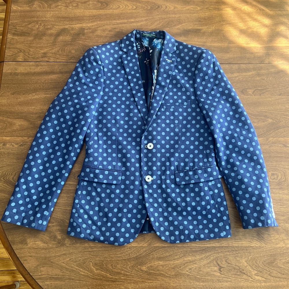 Paisley & Gray Mens 38R Slim Fit Blazer Blue Polka Dot Floral Lining Suit Jacket